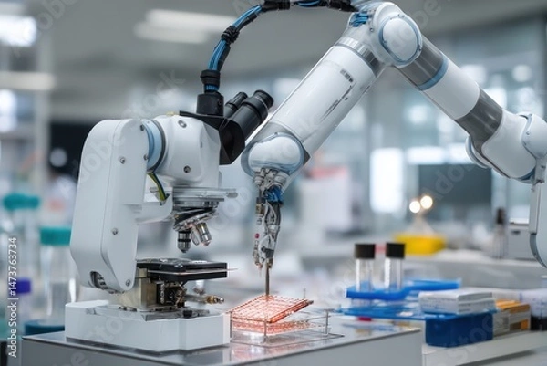 Obraz AI-driven robots in a research setting, performing intricate tasks with exceptional precision and speed.