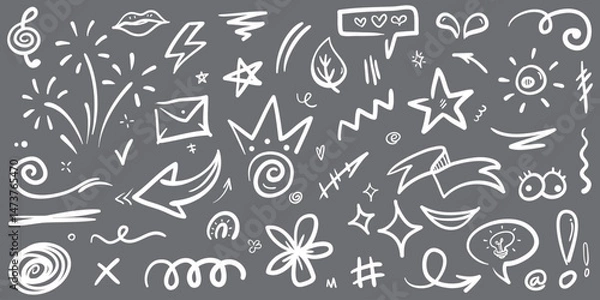 Fototapeta Doodle set of hand-drawn cartoony expression sign doodle, curve directional arrows, emoticon effects design elements, cartoon character emotion symbols, cute decorative brush stroke lines.