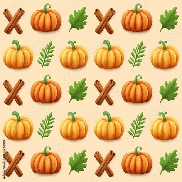 Fototapeta Pixel Art Autumn Pattern Pumpkins, Leaves and Cinnamon Sticks on Beige