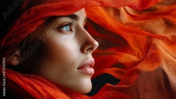 Fototapeta A woman with a red scarf draped over her face