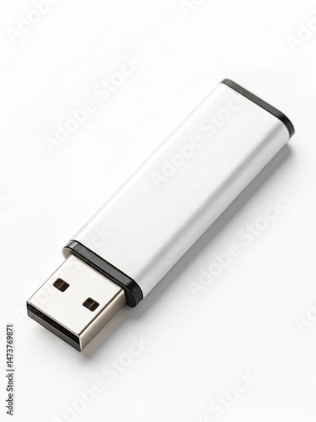 Fototapeta Silver USB flash drive with black accents, featuring a standard rectangular connector—Minimalist Tech Concept
