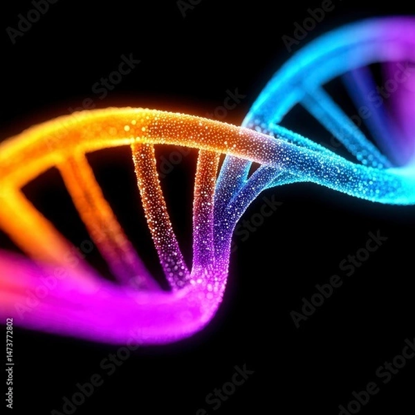 Obraz Vibrant DNA strand with glowing colors on a dark background.