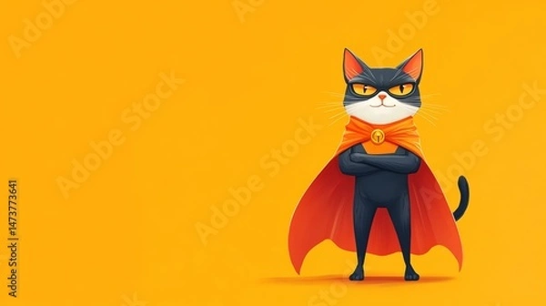 Fototapeta A cat wearing a superhero cape poses confidently. It’s a charming image of a feline hero.