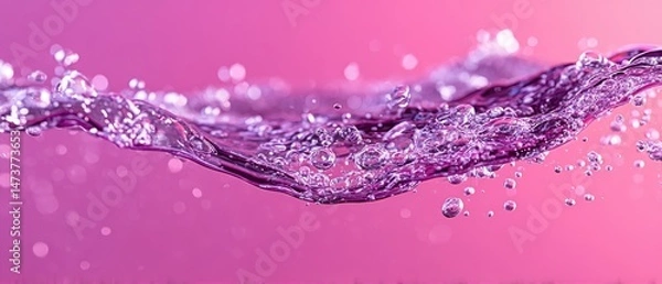 Obraz Vibrant water splash on pink background with bubbles and reflection.