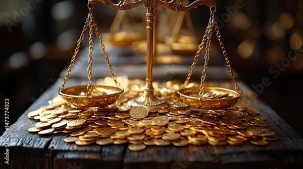 Fototapeta Golden scales are used to weigh precious metals and gems, a symbol of justice and accurate measurement, a feeling of fairness and precision