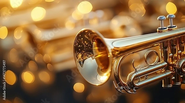 Fototapeta Golden trumpets are played in orchestras and bands, producing a bright and powerful sound, a feeling of musical expression and performance