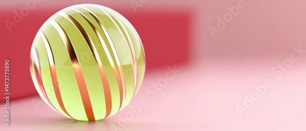 Obraz Yellow Sphere with Golden Stripes on Pink Background Decorative Ball Design