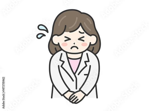 Fototapeta 頭を下げて謝罪する、女性医師（線画カラー）のイラスト