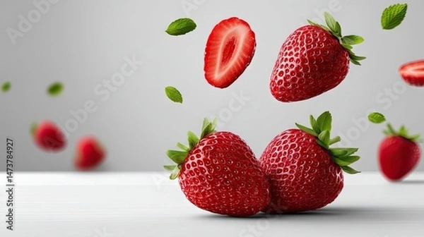 Fototapeta Whole and sliced strawberries in the air on a plain white Background