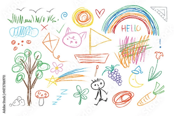 Obraz Crayon fun cute kid colorful line art doodle set badge, scribble line flower, background. Hand drawn doodle sketch childish element set. Flower, rainbow, cloud, children draw style design elements