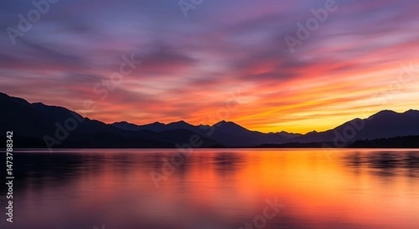 Obraz Stunning Sunset Reflecting on Calm Lake Waters