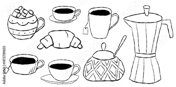 Obraz Set of cute cottagecore illustrations. Cups of coffee, tea and hot chocolate of cocoa. Moka pot, sugar can and croissant