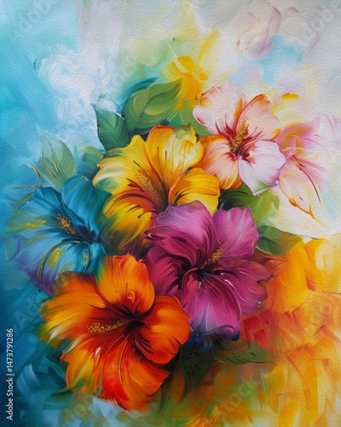 Fototapeta Pintura digital de flores multicolor con técnica artística expresiva, ideal para decoración alegre y vibrante.