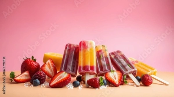 Obraz Colorful fruit popsicles surrounded by fresh strawberries, blueberries, and raspberries on a summery day.