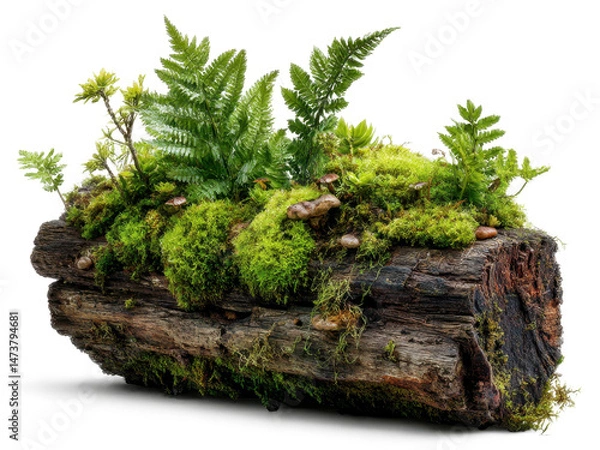 Fototapeta mosses and ferns growing on log isolated on transparent background