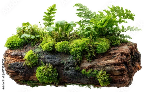 Fototapeta mosses and ferns growing on log isolated on transparent background