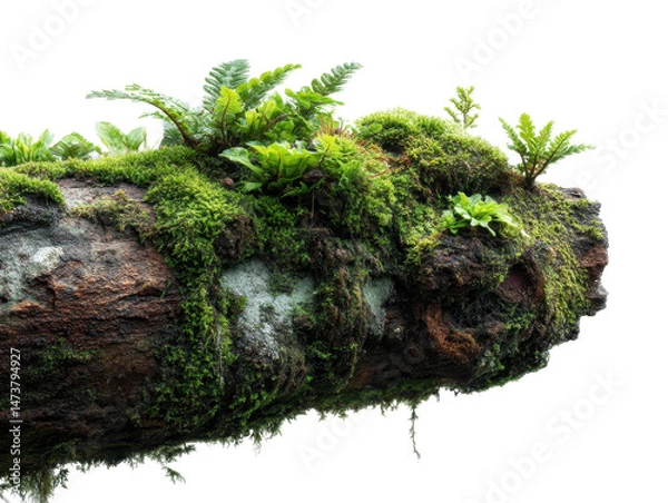 Fototapeta mosses and ferns growing on log isolated on transparent background