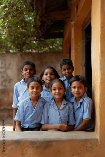Fototapeta A group of children are standing in front of a wall, smiling and posing for a picture. Scene is happy and friendly, as the children seem to be enjoying their time together