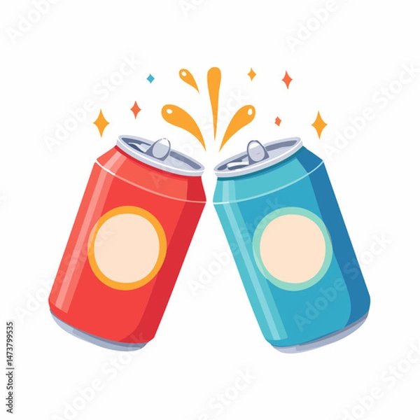 Fototapeta Cheers with Soda Cans: Two soda cans, one red and one blue, clinking together in a celebratory toast. Sparkling splashes of soda add to the festive mood. 