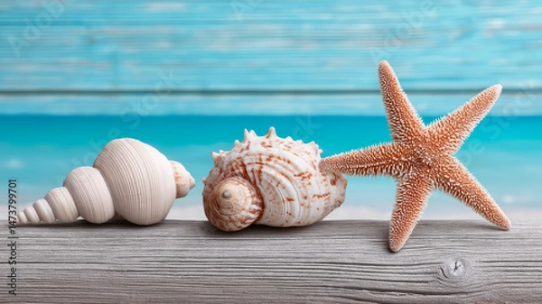 Fototapeta The image shows seashells and stars on a tree overlooking the azure sea and sky. The warm colors and light convey the atmosphere of summer, relaxation and coziness.