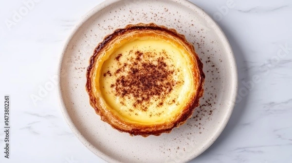 Fototapeta A creamy custard tart with a golden crust and chocolate shavings, served on a simple white plate.