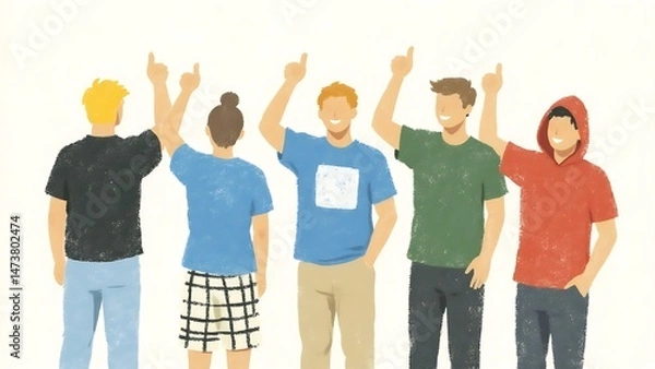 Fototapeta group of student, Five People Raising Index Fingers, Unity and Teamwork Concept 