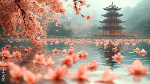 Fototapeta Peach blossoms fall gently onto the surface of a tranquil, jade pond, creating ripples that disturb the reflection of a nearby, pagoda-style structure with a sapphire roof
