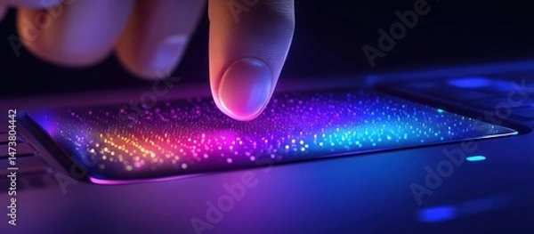 Fototapeta Futuristic interaction concept: A finger hovering over a neon-lit touchpad interface