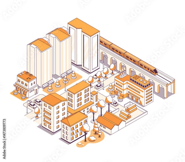 Fototapeta Live near the railway - vector isometric illustration