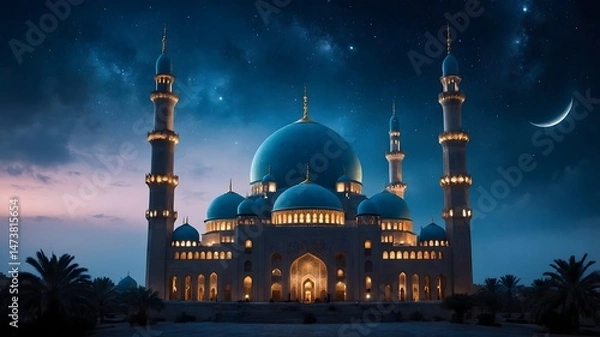 Obraz Mosque at Night with Crescent Moon