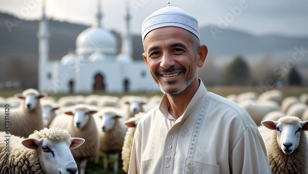 Obraz Muslim Man with Sheep and Mosque