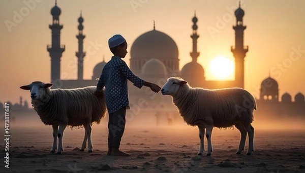 Obraz Peaceful Scene with Boy, Sheep, and Mosque