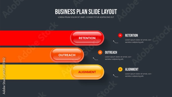Fototapeta Consulting Portfolio Presentation Layout Vector Illustration. Visual Campaign Three Option Diagram Slide Template. Professional Briefing 3 Step Infographic Frame Design.