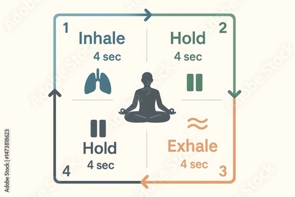 Obraz Diagram of box breathing with inhale, hold, exhale steps and meditation icon.