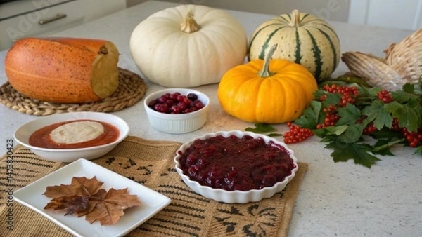 Fototapeta Flat lay of Thanksgiving scene with pie pumpkins and fall leaves on rustic background