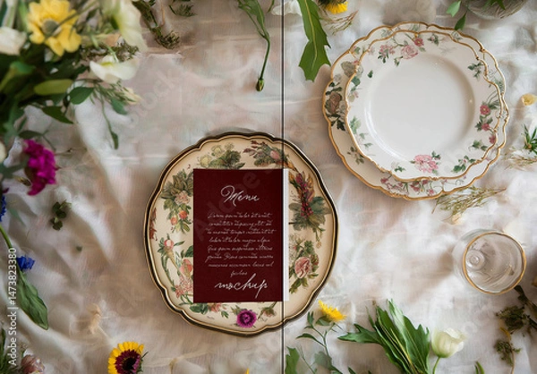 Obraz Vintage Floral Plate with Menu Card Mockup for Elegant Table Settings