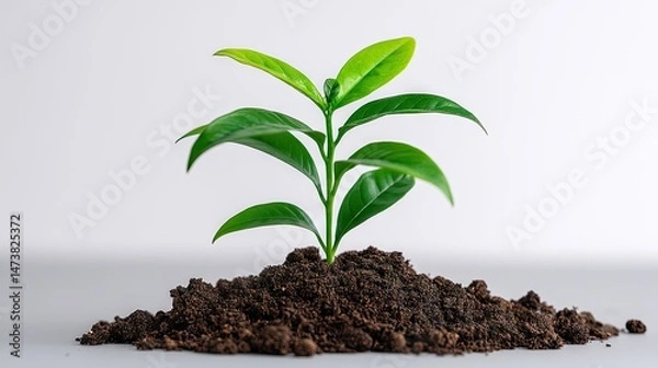 Fototapeta Young seedling growing out of soil over on a plain white Background