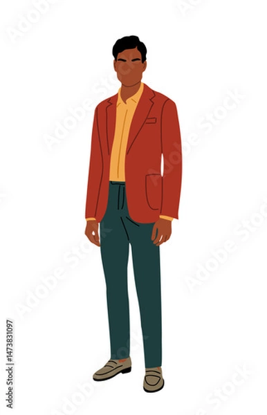 Fototapeta Stylish business man in smart casual clothes standing full length. Handsome male character flat vector colorful illustration isolated on transparent background
