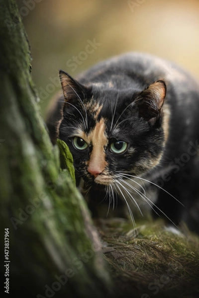 Fototapeta A tortoiseshell cat with tricolor fur is quietly prowling through the vibrant greenery of a forest during spring. Its striking blue eyes peer out from behind a tree, full of curiosity and intent