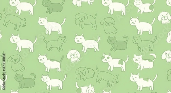 Fototapeta Seamless pattern of cute dogs and cats on a green background
