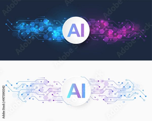 Obraz Creative idea AI banner concept for internet technology. Motherboard technology abstract texture design. Software coding. Digital concept for poster, cover, banner, header, web, presentation template