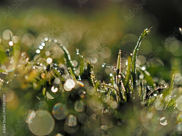 Obraz Grass blades adorned with glistening droplets, illuminated by soft  light. The blurred background creates a bokeh effect with sparkling reflections, enhancing the beauty of  morning nature.