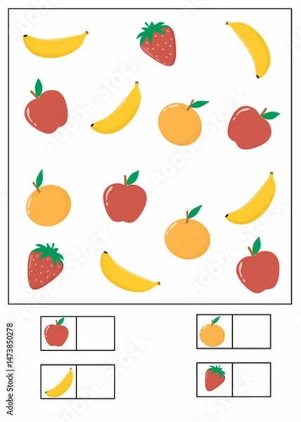Obraz I can spy worksheet for kids, how many printable for kindergarten, i can spy worksheet with fruits on theme