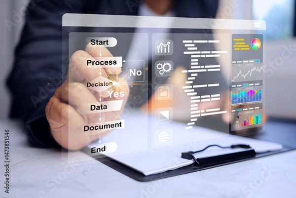 Fototapeta Businessman working with logical work flow chart to condition determine of working process and software for document works logic to automation process