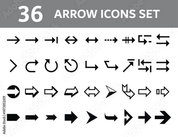Obraz 36 Arrow Icons Set, Black Vector Arrows for Web Design, UI, App Interface, Navigation, Direction, Forward, Back, Sync, Refresh, Loop, Swap, Transfer, Turn, Recycle, Click Symbol Collection