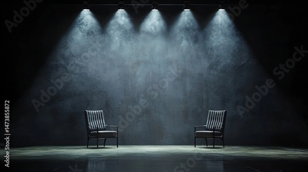 Fototapeta Empty stage with two chairs under spotlights.  Dark,  smoky background
