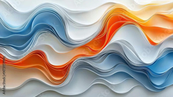 Fototapeta A layered 3D background featu aesthetic and realistic waves of white, blue, and orange, creating a dynamic and visually appealing 4K side angled abstract.