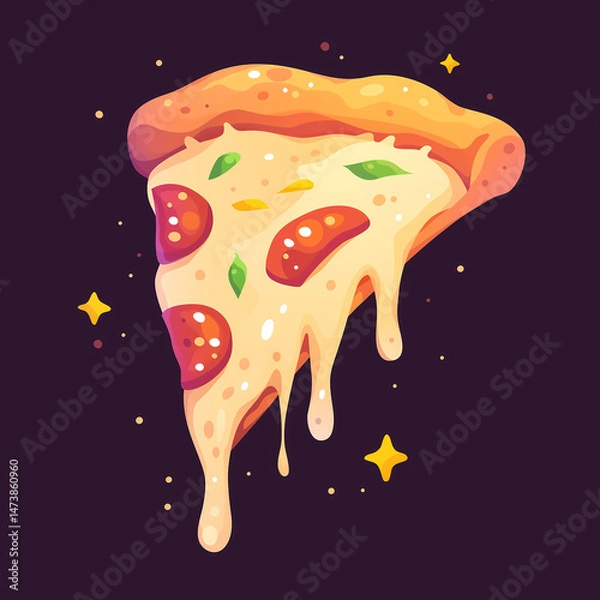 Fototapeta Colorful Cartoon Pizza with Toppings – Tasty Italian Food Illustration