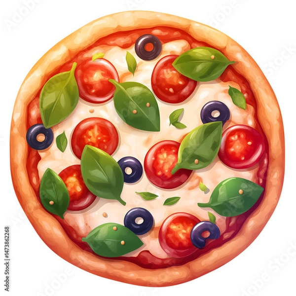 Fototapeta Colorful Cartoon Pizza with Toppings – Tasty Italian Food Illustration