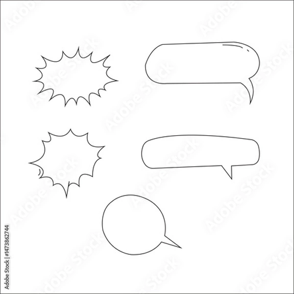 Fototapeta Hand-drawn speech bubbles and cartoon comic elements set – doodle chat icons, talking frames, sketch-style cloud bursts, communication symbols, and vintage callout design collection

